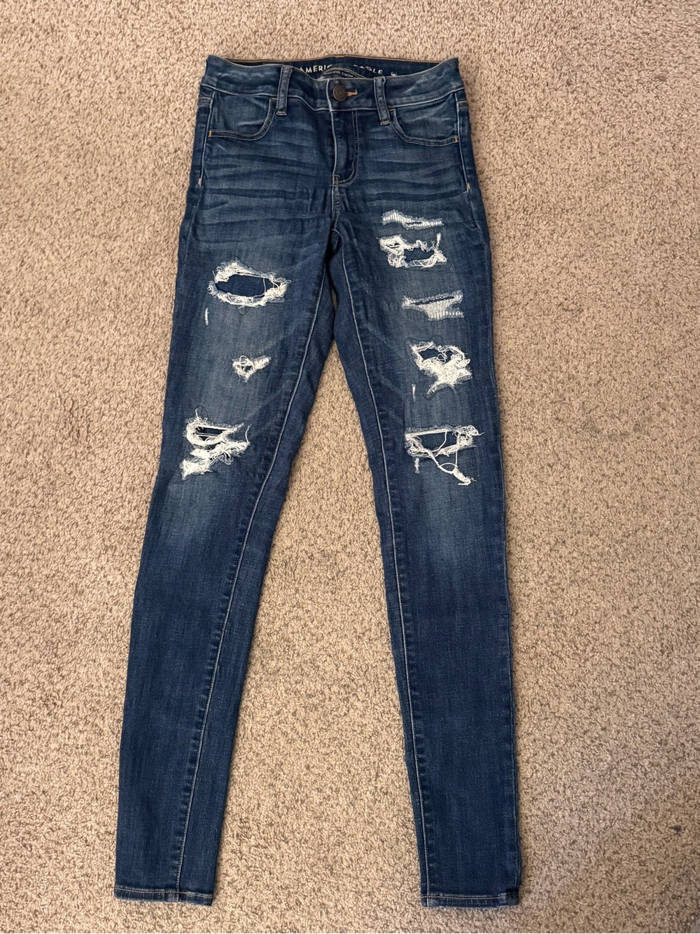 American Eagle Outfitters Women’s Dark Blue Ripped Skinny Jeans- X-Long